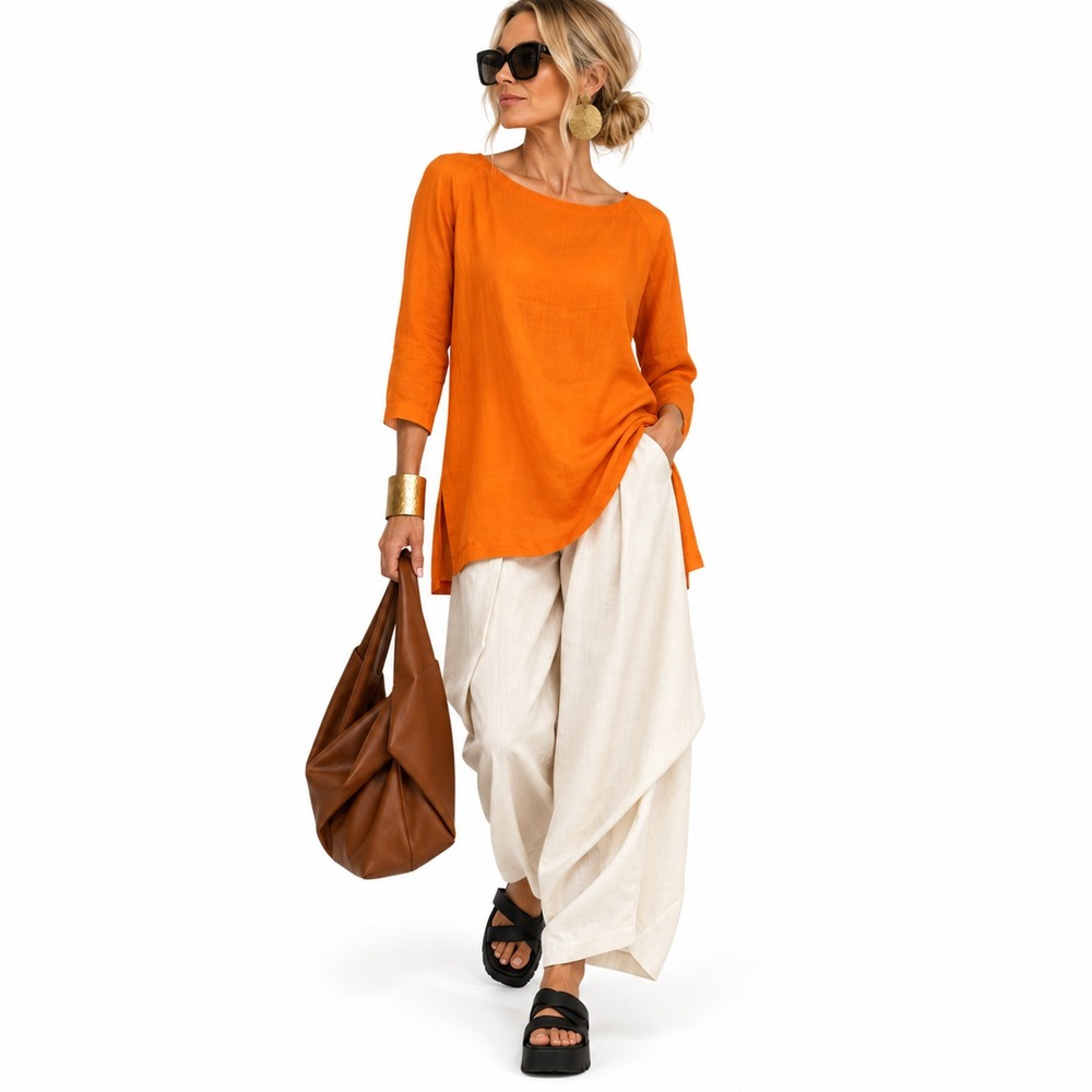 Moda International Womens L Orange 100% Silk Tunic Top Avant Garde Minimalist